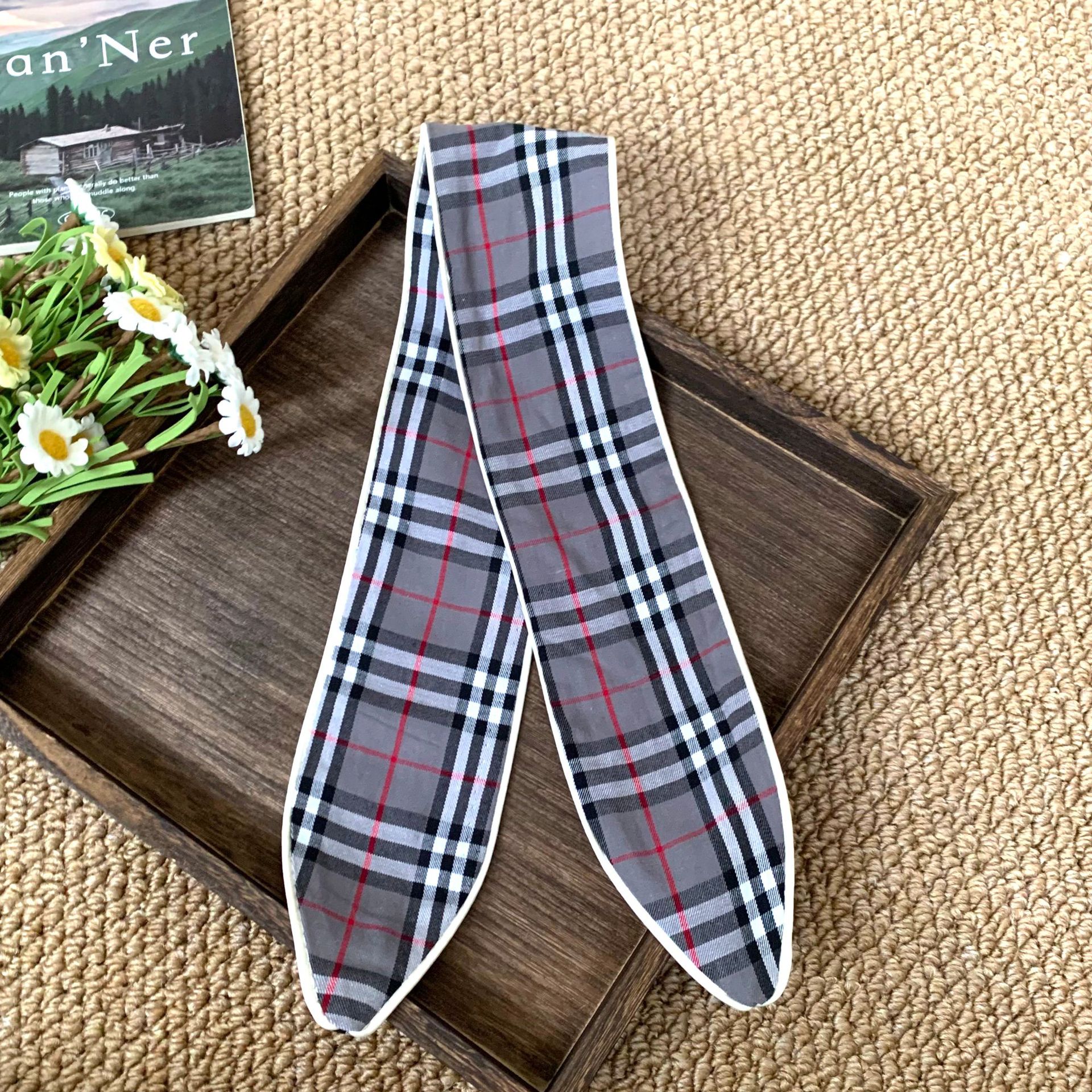 Pañuelo a cuadros Pañuelo de seda largo de algodón para mujer verano nuevo estilo pequeño estampado accesorios de todo fósforo bufanda de cuello correa para el cabello atado