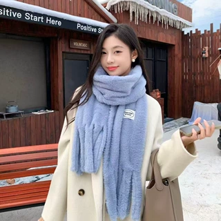 毛绒围巾女冬季新款可爱仿兔毛加厚保暖围脖轻奢风韩系纯色高级感