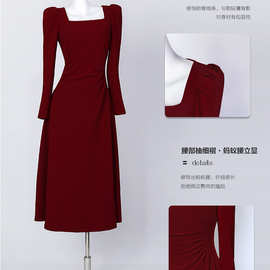 红色连衣裙女法式长袖订婚礼裙日常可穿赫本小红裙高级感长裙秋冬