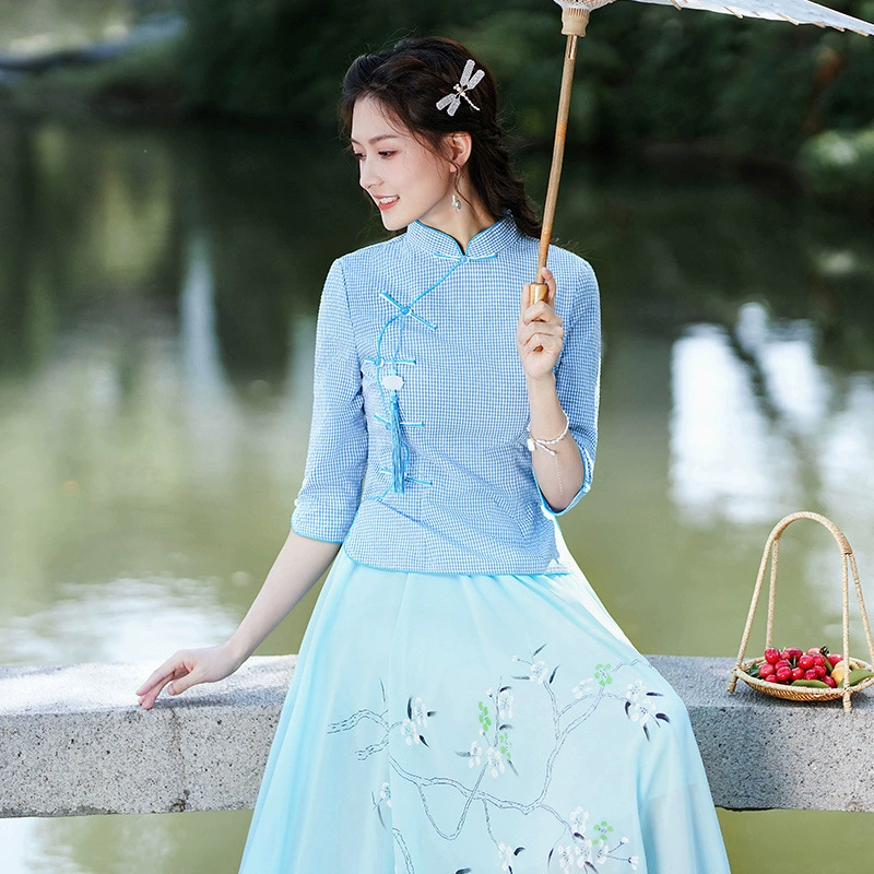 Облегающий костюм в стиле Республики Китай с ручной росписью в стиле ретро, ​​летний новый костюм Тан, улучшенный топ-чонсам на пуговицах в китайском стиле с воротником-стойкой