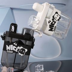 漫画の白黒の大容量ウォーターボトルストラップ斜め文字ウォーターカップカバー子供用スナップオンスクエアダブルノズルストロー