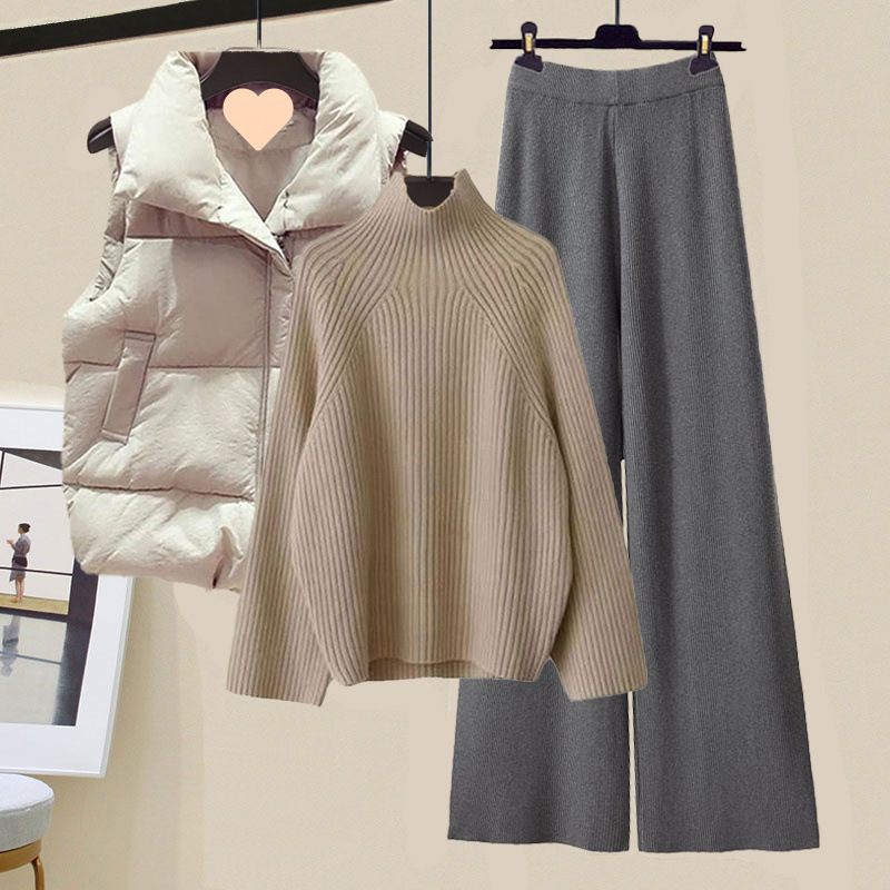 冬服、新しいスタイルの綿のベスト、タートルネックセーター、女性のスリムなワイドレッグパンツの3点セット|undefined
