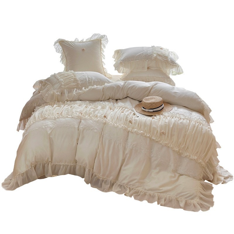 Jogo de cama de verão estilo princesa francesa com renda sedosa_voghion.com
