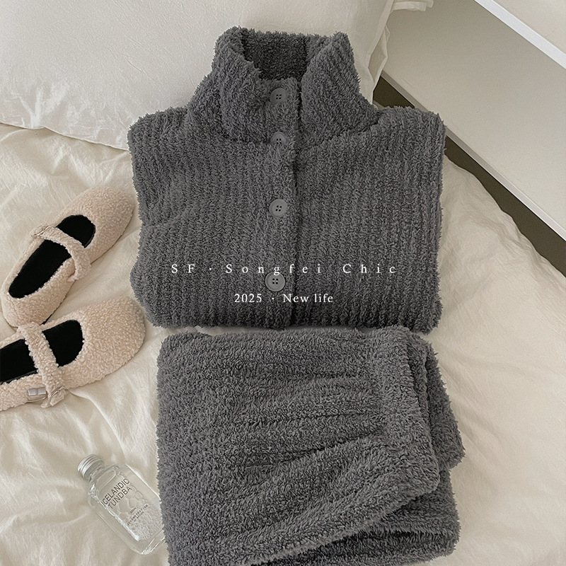 秋冬加厚半边绒弹力坑条高领加绒套装 宽松高级感保暖家居服睡衣|undefined