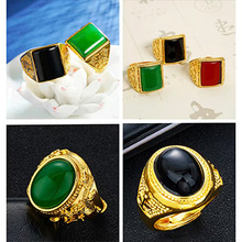 越南沙金戒指男士久不掉色碧玺玛瑙色黄铜仿真玉髓宝石开口戒饰品