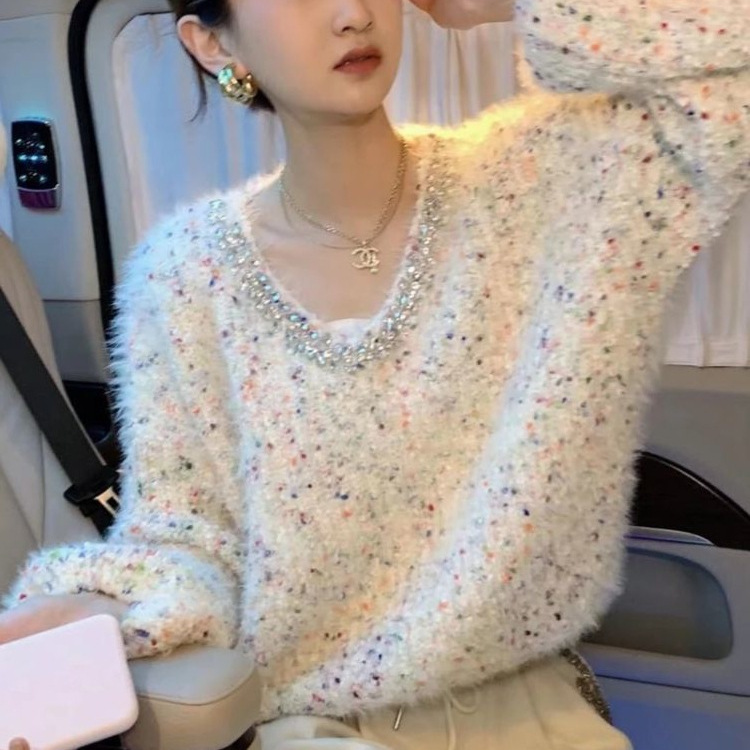 韩版钉珠彩色波点拼接软糯毛衣女秋冬新款慵懒风时尚气质长袖上衣|undefined