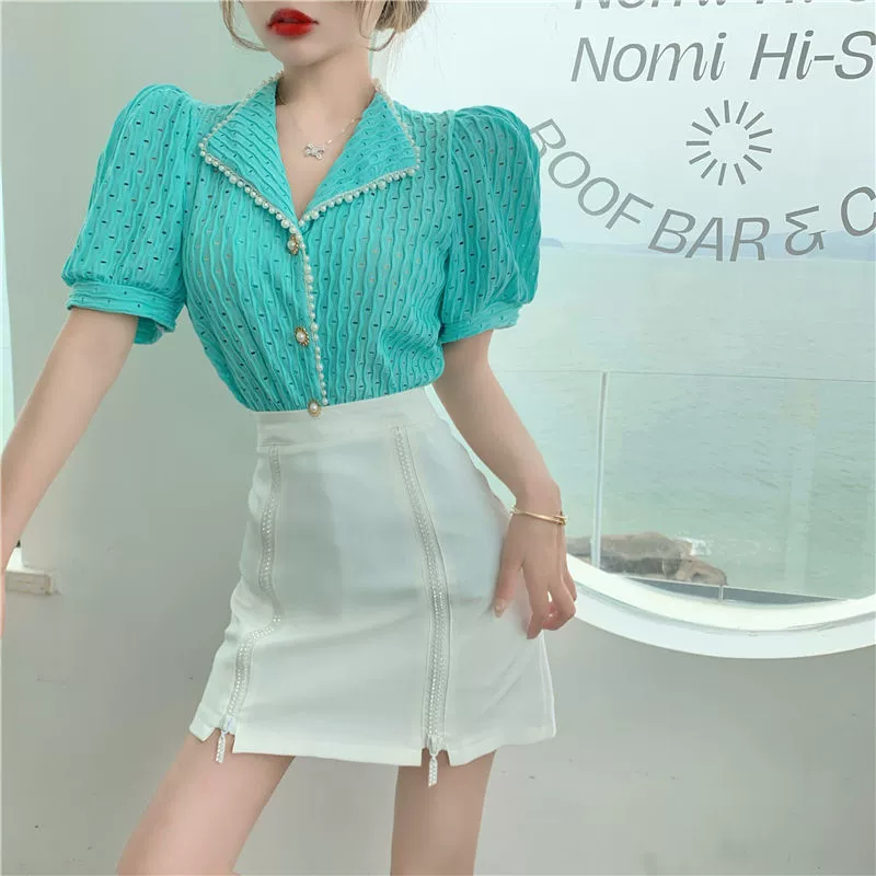 Французский стиль, модный ретро-элегантный универсальный топ с воротником-поло и пышными рукавами, 2022, футболка с бисером, новая летняя женская одежда