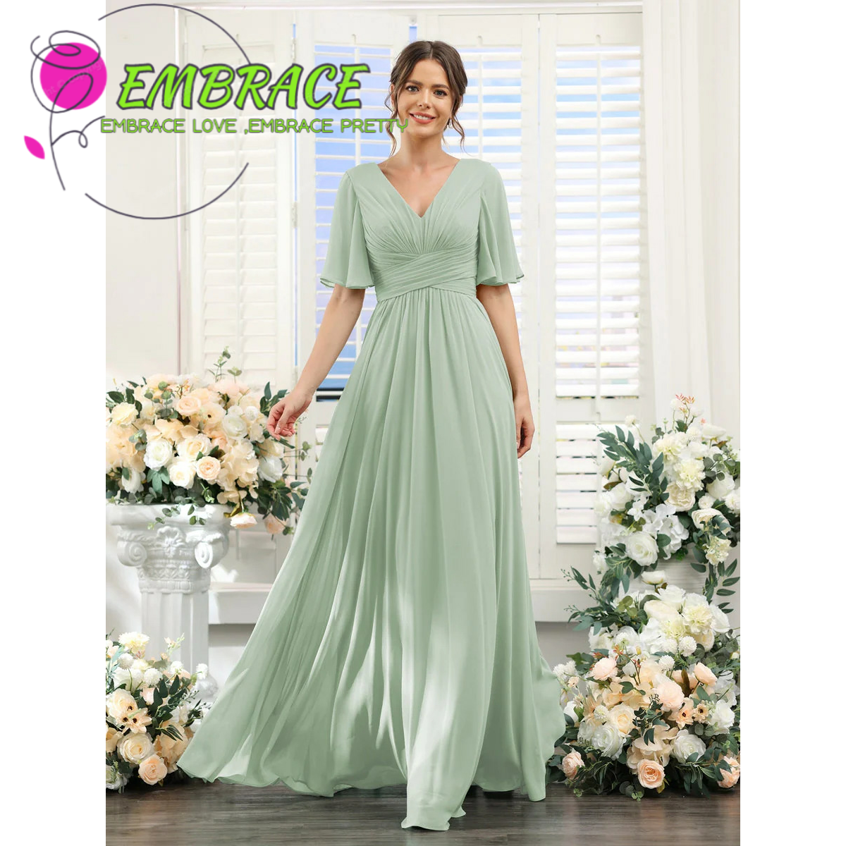 Verano nuevo vestido de noche de chiffon europeo y americano V-collar mangas mariposa novia vestido de damas de honor anfitriona de la fiesta vestido largo