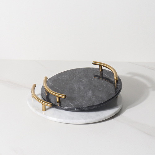 Natural marble round jewelry metal handle storage tray ornaments decoration model room hotel soft decoration