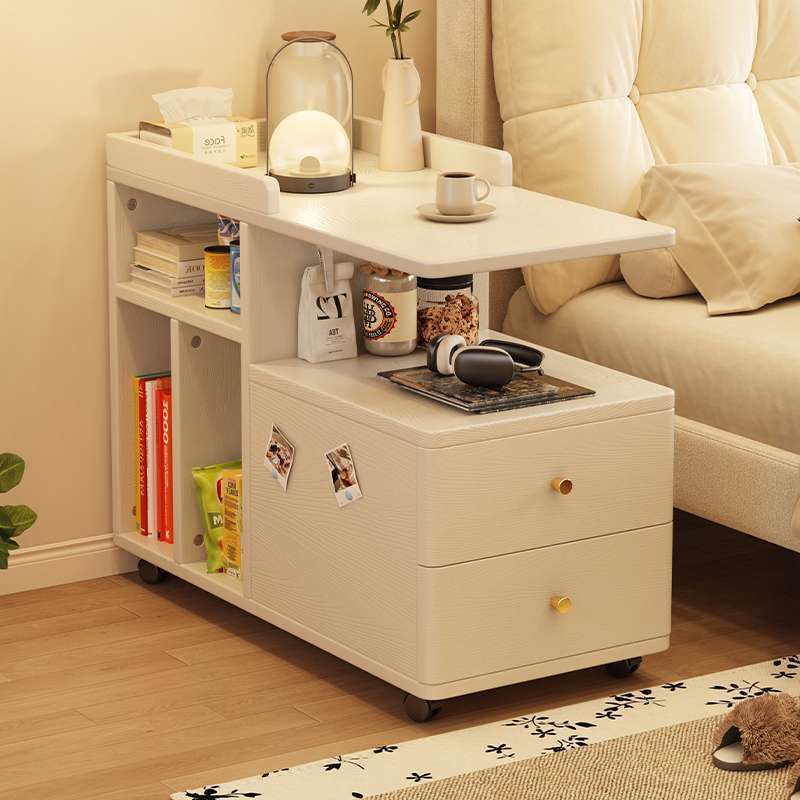 Mesa de té de lujo ligera con ruedas, estante de almacenamiento al lado de la cama, carro de madera sólida, tabla lateral móvil, sofá, gabinete lateral