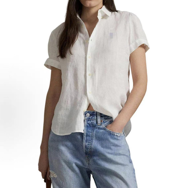 Ralph Lauren Embroidery~Relaxed Old Money Style Solid Color Linen Tencel Pointed Collar Button Short-Sleeve Shirt for Women Ralph Lauren Embroidery~Relaxed Old Money Style Solid Color Linen Tencel Pointed Collar Button Short-Sleeve Shirt for Women