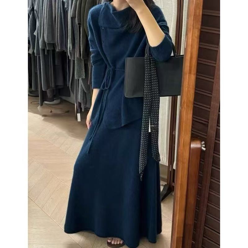 气质优雅高级感翻领斜门襟系带针织上衣+半身裙2件套女秋冬套装裙|undefined