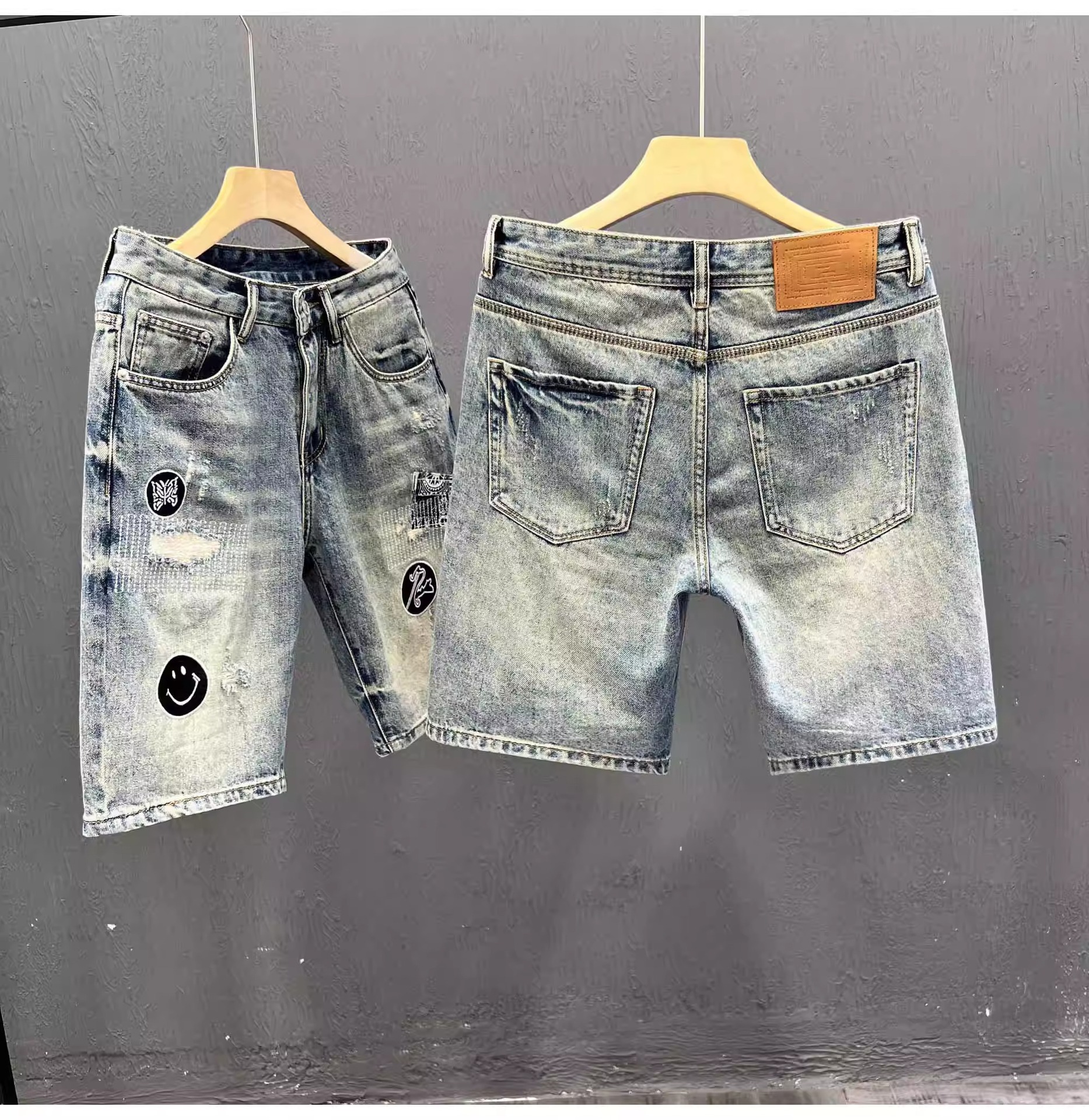 Men's Denim Shorts Patchwork Embroidery Ripped High Street Style_voghion.com
