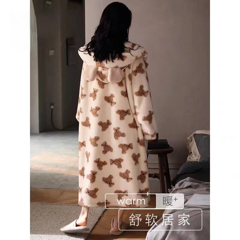 Pijamas de oso para mujer otoño e invierno nuevo estilo franela servicio a domicilio vellón de coral grueso camisón largo traje de princesa dulce