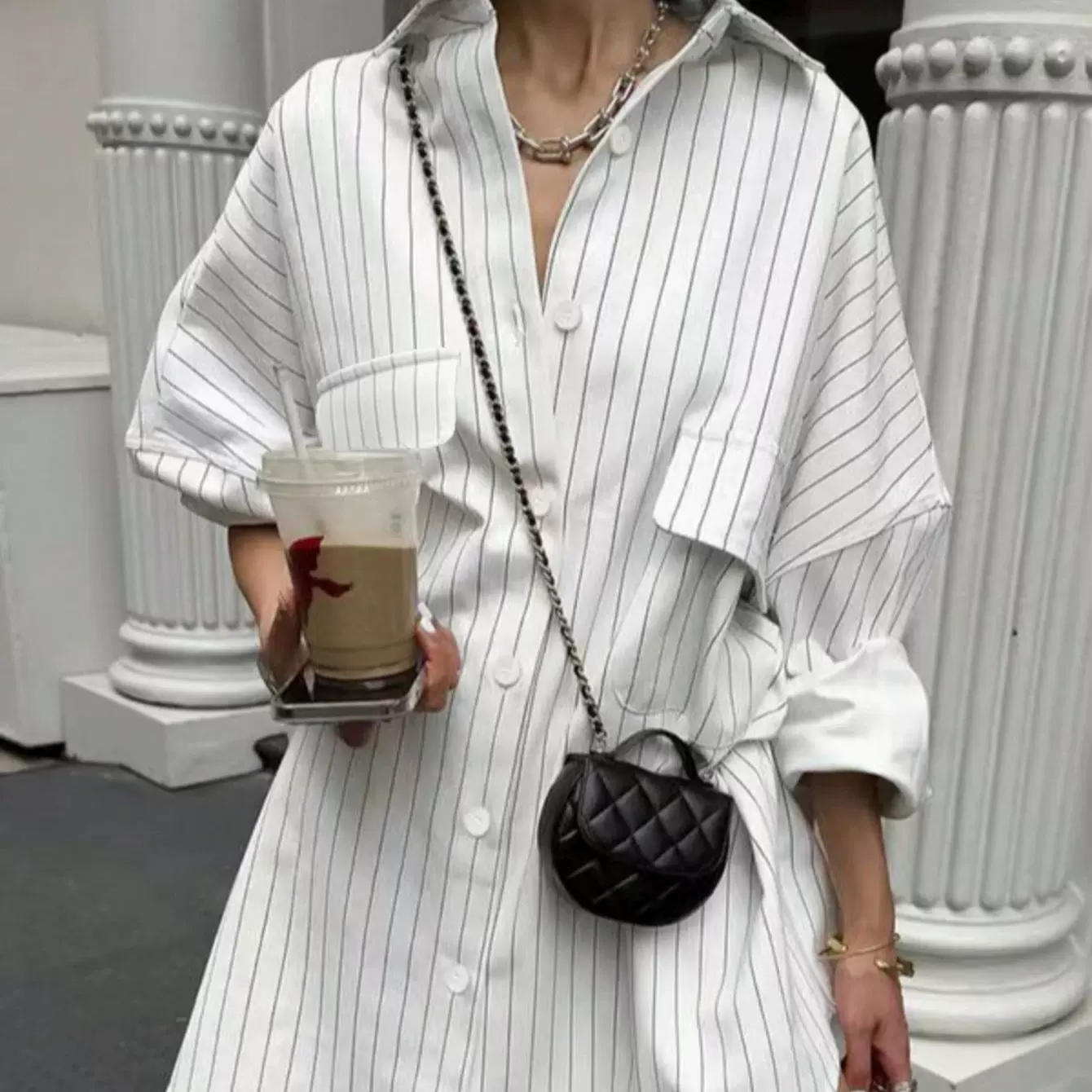 美式松弛慵懒风春夏中长款廓形显瘦竖条纹宽松衬衫女士长袖衬衣