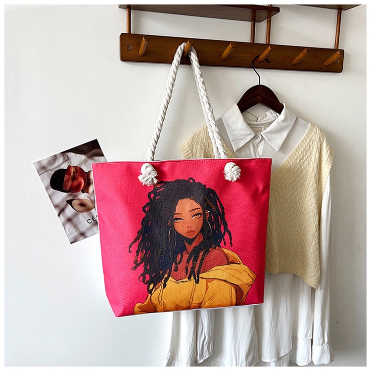 New cross-border tote bag, versatile women's portable shopping bag, creative women's printed aesthetic thick rope beach bag undefined