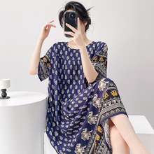 夏季棉绸睡裙女薄款短袖波西米亚风长裙人造棉睡衣泰式大码沙滩裙
