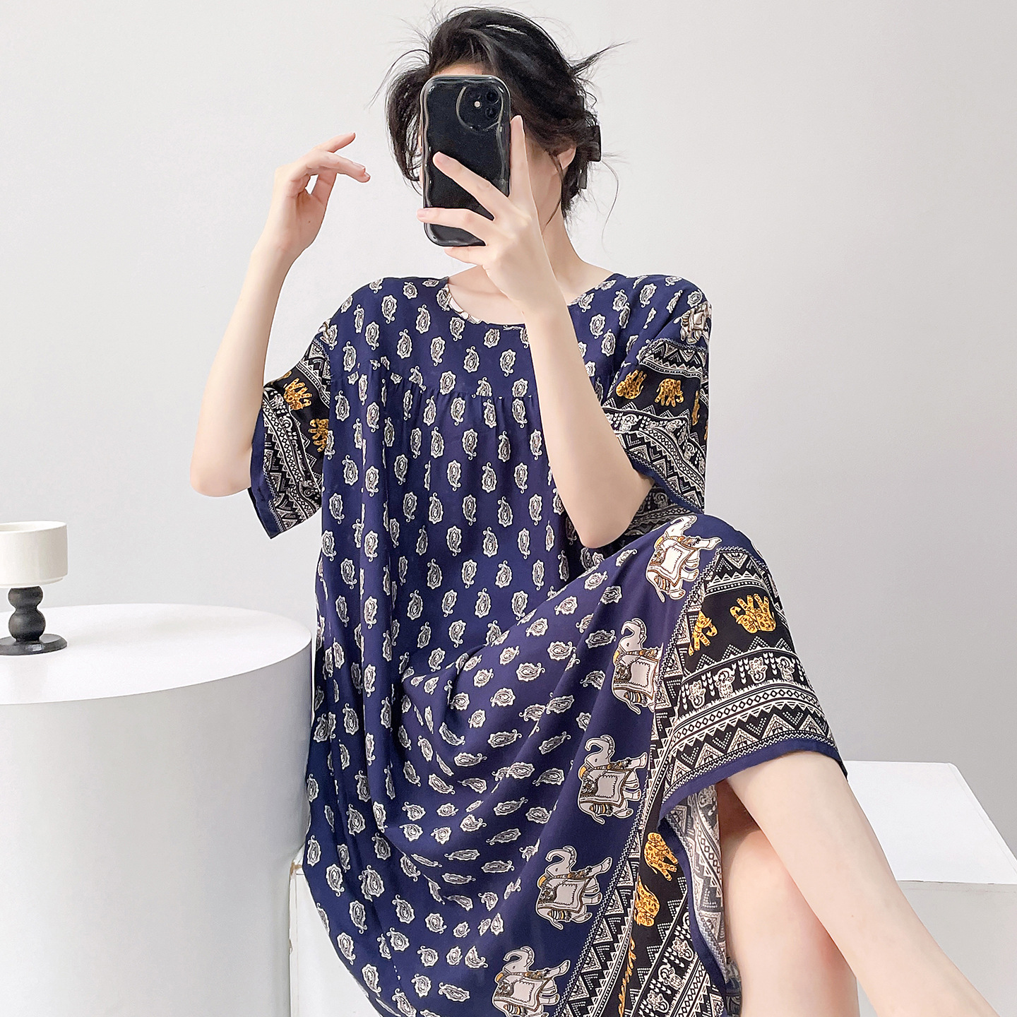 夏季棉绸睡裙女薄款短袖波西米亚风长裙人造棉睡衣泰式大码沙滩裙