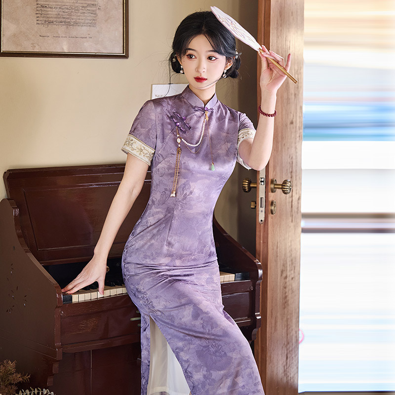 紫色送考中式絕美長款改良旗袍2025新款女復古修身短袖走秀春夏季