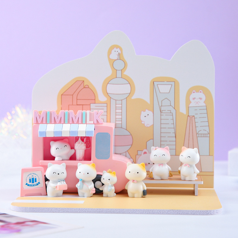 Internet Celebrity Milk Shop on the Go Cat Cartoon Figurine Resin Money Jar Combination Set Small Ornaments Wholesale