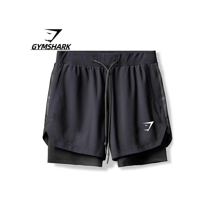 Cross-Border Gymshark Fitness Men's Running Sports Elastic Quick-Drying Training Double-Layer Boxer Five-Point Beach Swimming Trunks