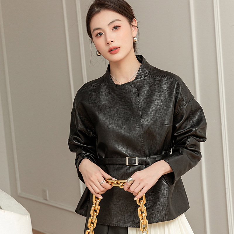 Soft Waxy Imported Sheepskin Litchi Pattern Loose Lace-up Genuine Leather Women's New High-end Lambskin Jacket Coat