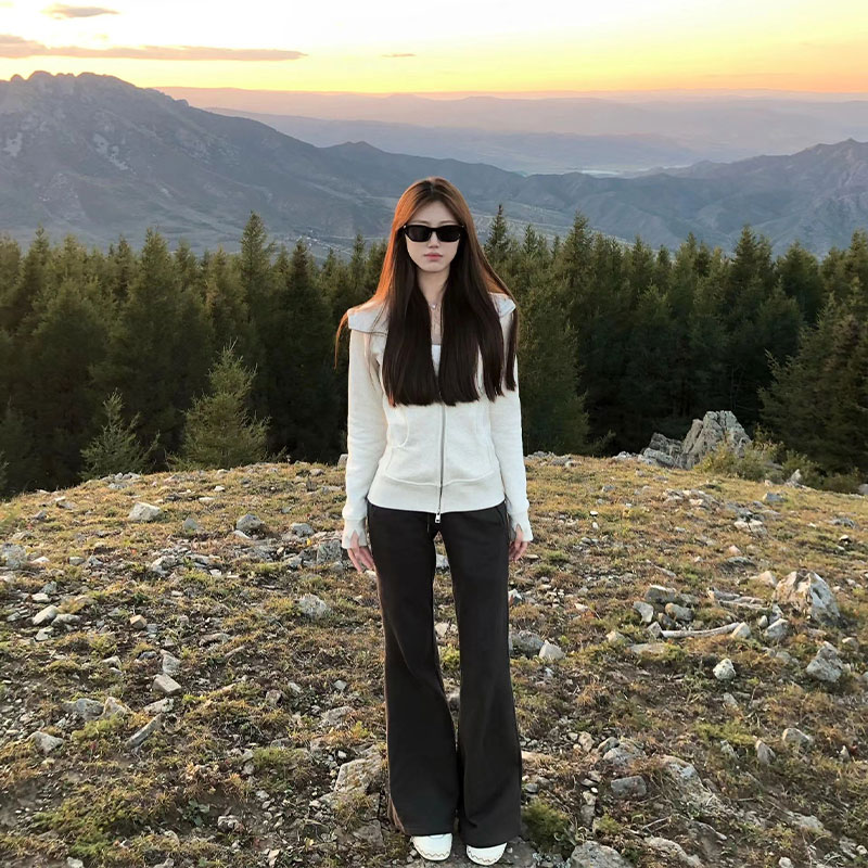 Slim Sweatshirt Jacket Women's Waist-Cinching Gray Hooded Bodysuit Korean Style Women's Short Autumn and Winter Right Shoulder Top