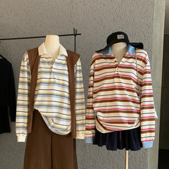 WGWE法式学院风休闲条纹撞色宽松显瘦polo领套头长袖T恤女W7024