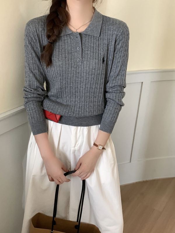 polo领小马女士麻花翻领长袖针织衫秋新款上衣刺绣绞花毛衫t恤潮|undefined