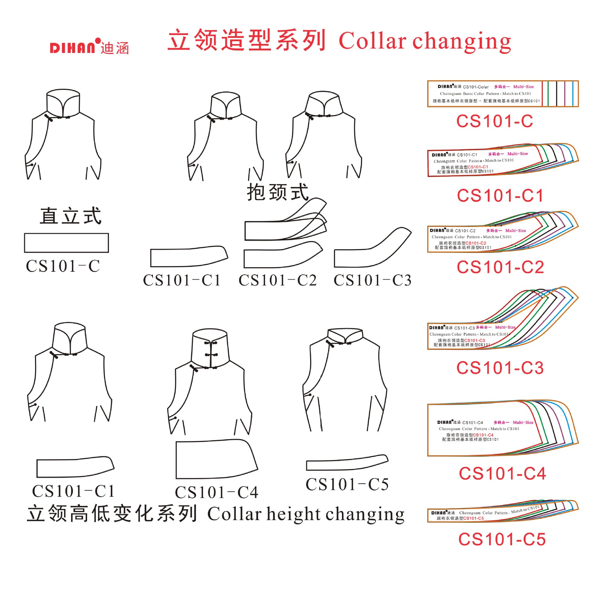 Dihan/DIHAN cheongsam stand-up collar transformation template, matching cheongsam paper pattern prototype, transparent plastic
