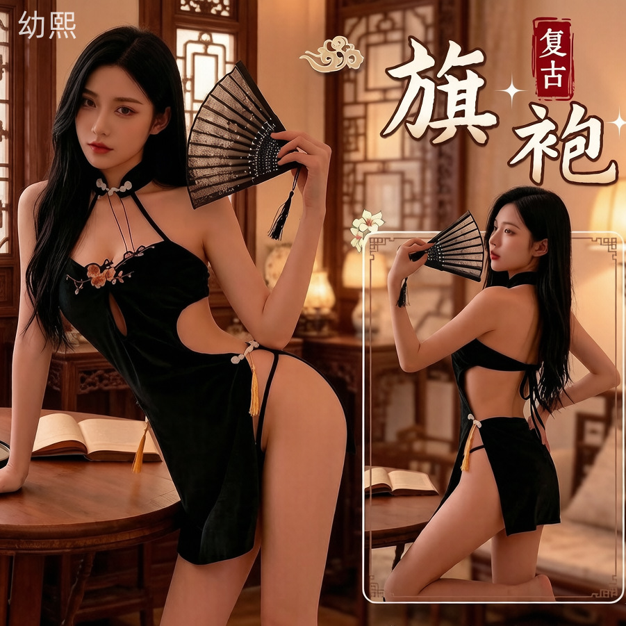 섹시한 하이 슬릿 클래식 치파오, 에로틱 란제리, 탈부착이 필요 없는 여성용 순수한 욕망 잠옷, 재미있는 용품, 속옷 도매