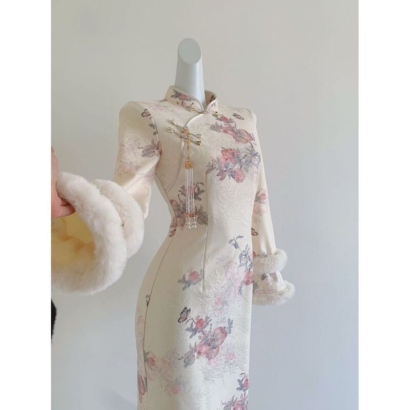 [Flower Language Plus Velvet] New Chinoiserie Improved Autumn and Winter Cheongsam for Young Girls with Elegant and Daily Wear Chinese Style Dress