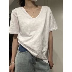 竹綿 V ネック半袖 T シャツ女性の夏薄い白底シャツルーズ痩身半袖 T シャツトレンディなトップス