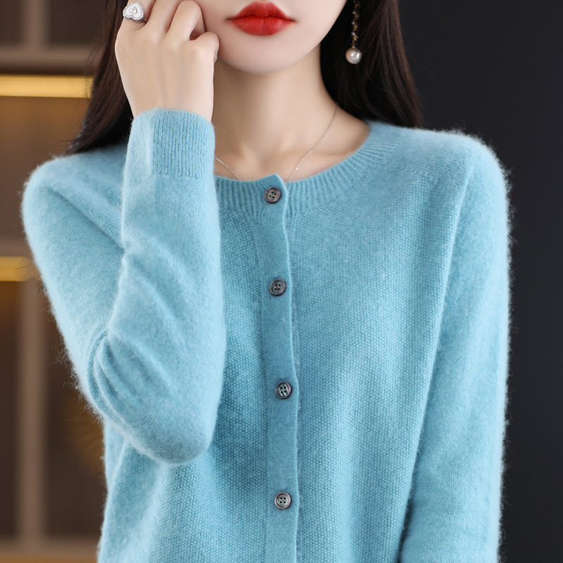 秋装新商品100% 純ウールカーディガン女性セーターコート一線成衣ゆるい長袖ニット上着薄い|undefined