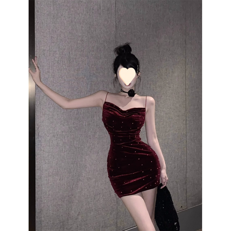 2025 Pure Desire Style Velvet Strap Dress Summer New Hip-Hugging High-Waisted Short Dress Socialite Inner Tube Top Dress