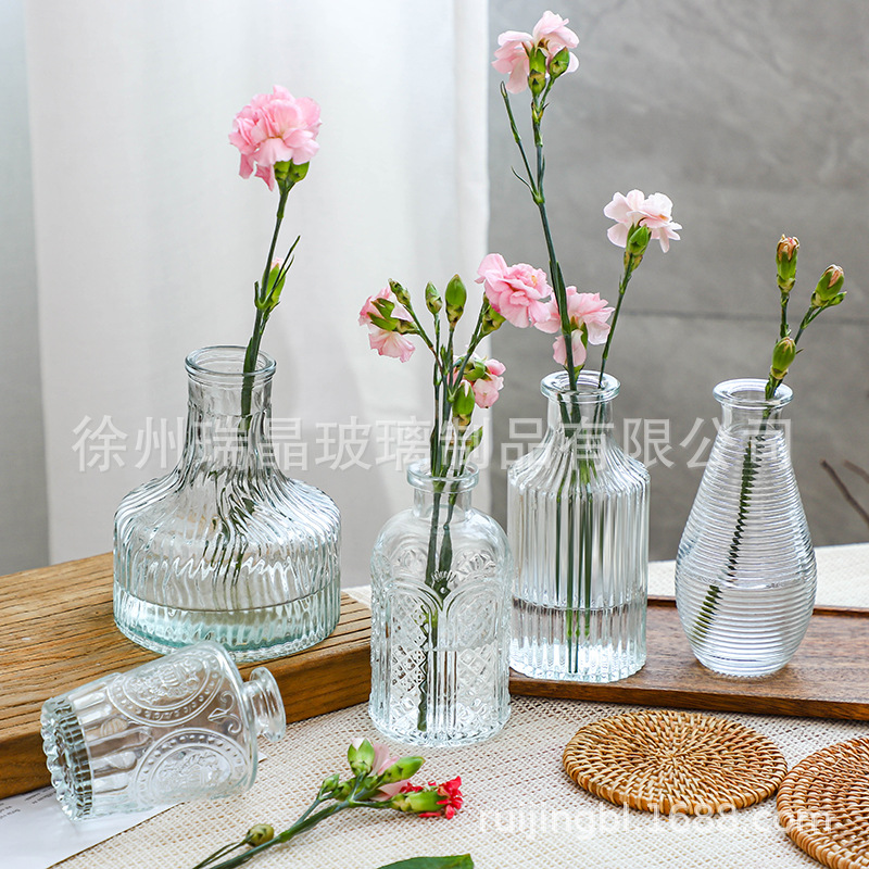 Vintage Entry Luxury Embossed Transparent French Style Glass Vase ins Style Home Ornaments Living Room Pocket Flower Vase