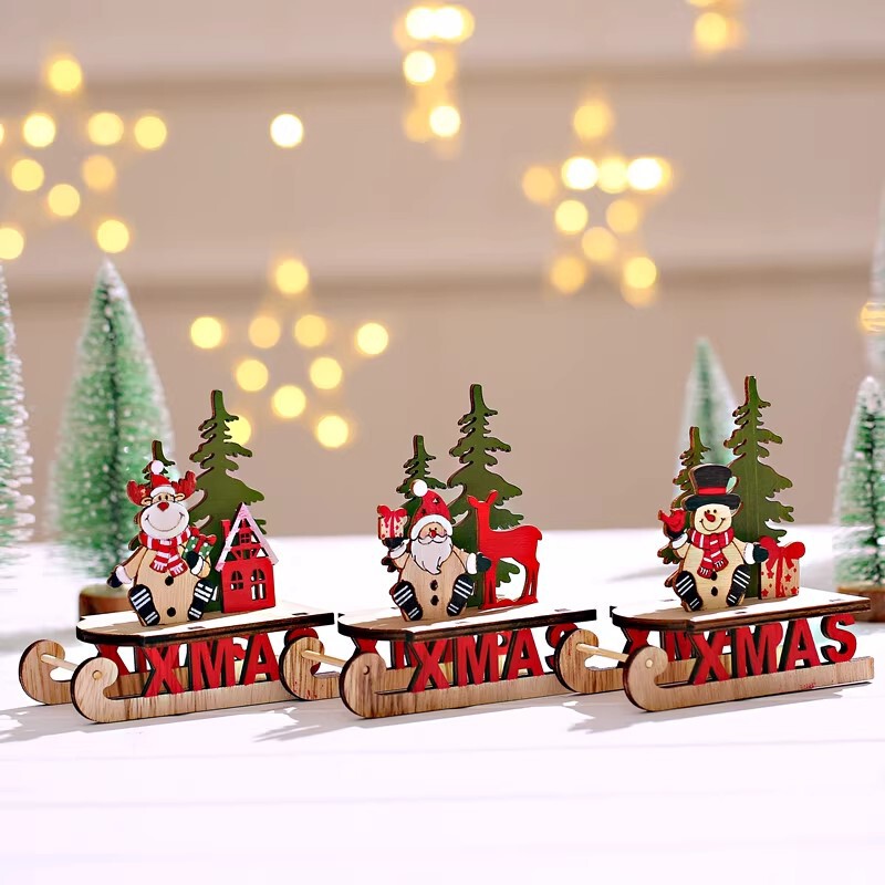 Cross-Border Christmas Decoration Supplies Creative Wooden Christmas Sleigh Ornaments Christmas Sleigh Wooden Crafts
