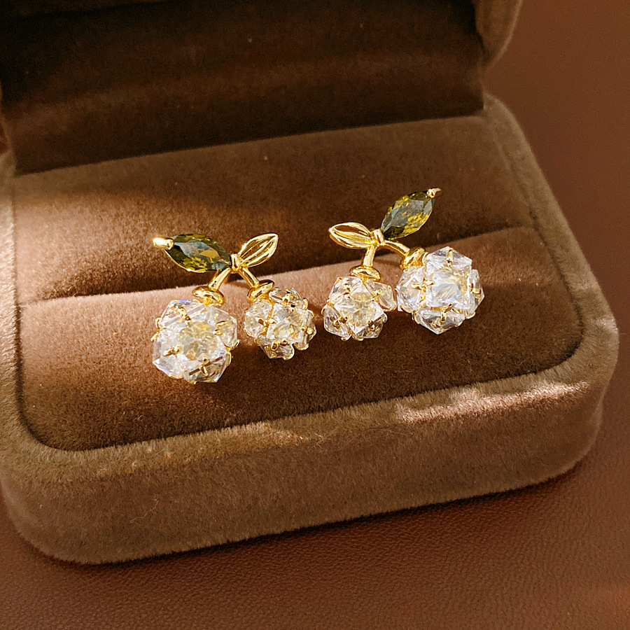 14K oro real plateado aguja de cereza de piedra de silicio temperamento delicado pendientes de orejas diarios lujo ligero de alta sensación de orejas image 7
