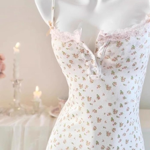 Alluring Sweet and Spicy Pure Desire Bodycon Tank Top Sleep Dress with Bra Pads Small Floral Body Shaping Tight Short Skirt