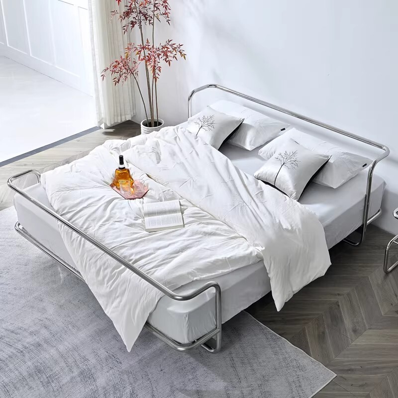 Stainless Steel Bed Bauhaus Metal Vintage Suspended Formaldehyde-Free Home Bed Industrial Style Steel Tube Iron Frame Bed High Box Stainless Steel Bed Bauhaus Metal Vintage Suspended Formaldehyde-Free Home Bed Industrial Style Steel Tube Iron Frame Bed High Box