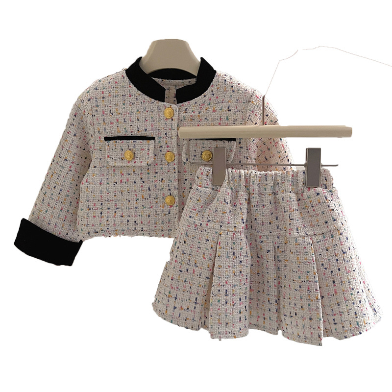 2023 Winter New Girl's Small Fragrance with Cotton Knitted Coat Baby Hundred Pleated Short Skirt Set of Two_voghion.com