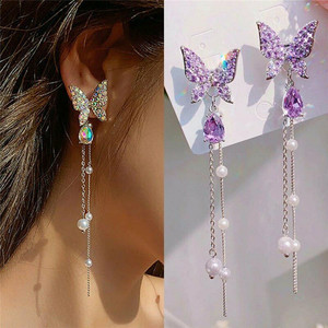  purple butterfly long pearl tassel earrings stud earrings fairy temperament earrings