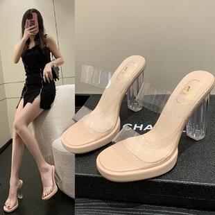 2024 Summer Export Large Size Transparent Crystal High Heels Women's New Rhinestone Outer Wear Sandals European and American Pu Popular