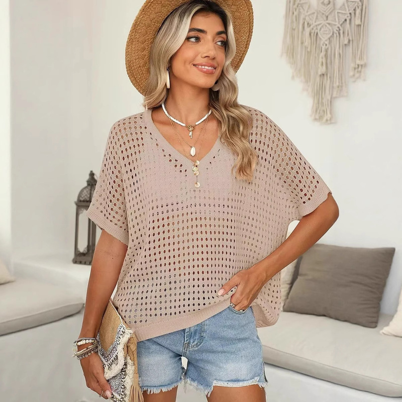 Women's 2025 Summer V-Neck Short Sleeve Button down down Sweater Casual Crochet Hollow Knitted Top Beach Cover Women's 2025 Summer V-Neck Short Sleeve Button down down Sweater Casual Crochet Hollow Knitted Top Beach Cover