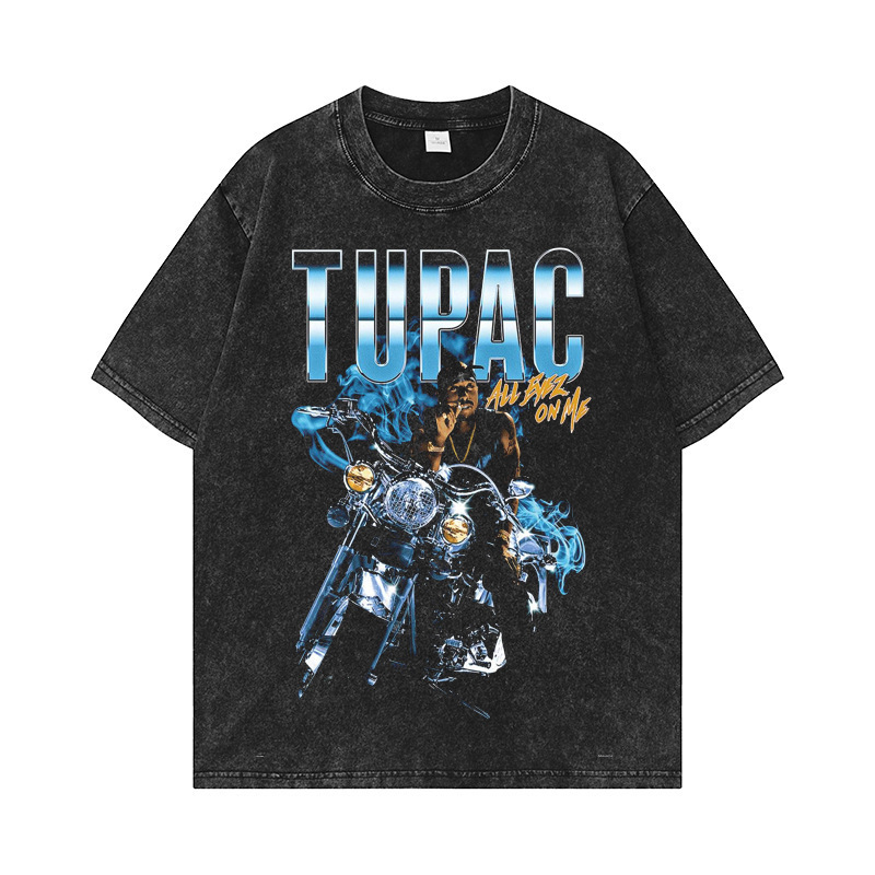 American Trendy Brand Retro Washed Distressed Short-Sleeved T-Shirt Tupac Hip-Hop Singer Digital Printed Loose Cotton Top