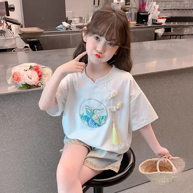 女童薄款中国风短袖2025夏季新款儿童洋气夏装t恤中大童上衣棉T