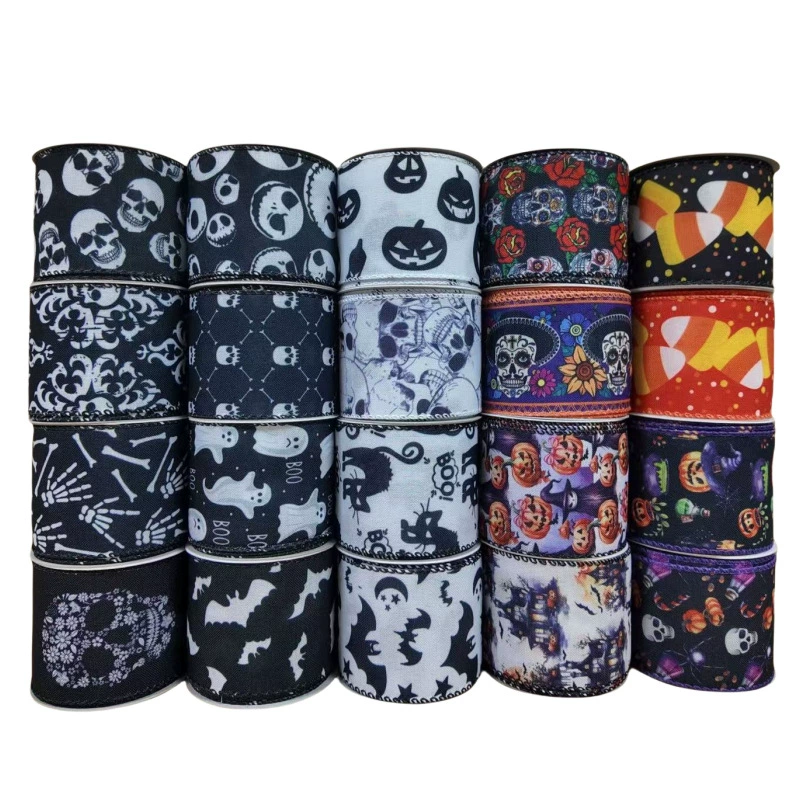 Оранжевая лента с тыквой на Хэллоуин, аксессуары для паутины на Хэллоуин, лента с проволочным краем, упаковочная лента для Хэллоуина