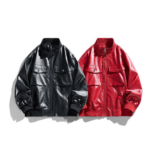 Trendy Youthful Versatile Men's Leather Jacket with Stand Collar Pu Leather Jacket from Japanese Fashion Brand