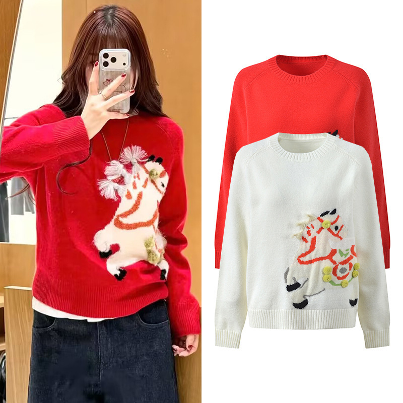 2026 Spring New Fashionable and Elegant 3D Handmade Horse Jacquard Round Neck Versatile Pullover Knitted Sweater Top 2026 Spring New Fashionable and Elegant 3D Handmade Horse Jacquard Round Neck Versatile Pullover Knitted Sweater Top