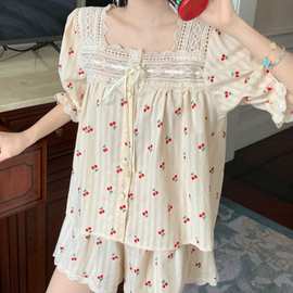 韩国ins女生韩版夏法式高级棉麻樱桃甜美蕾丝公主风短袖睡衣套装
